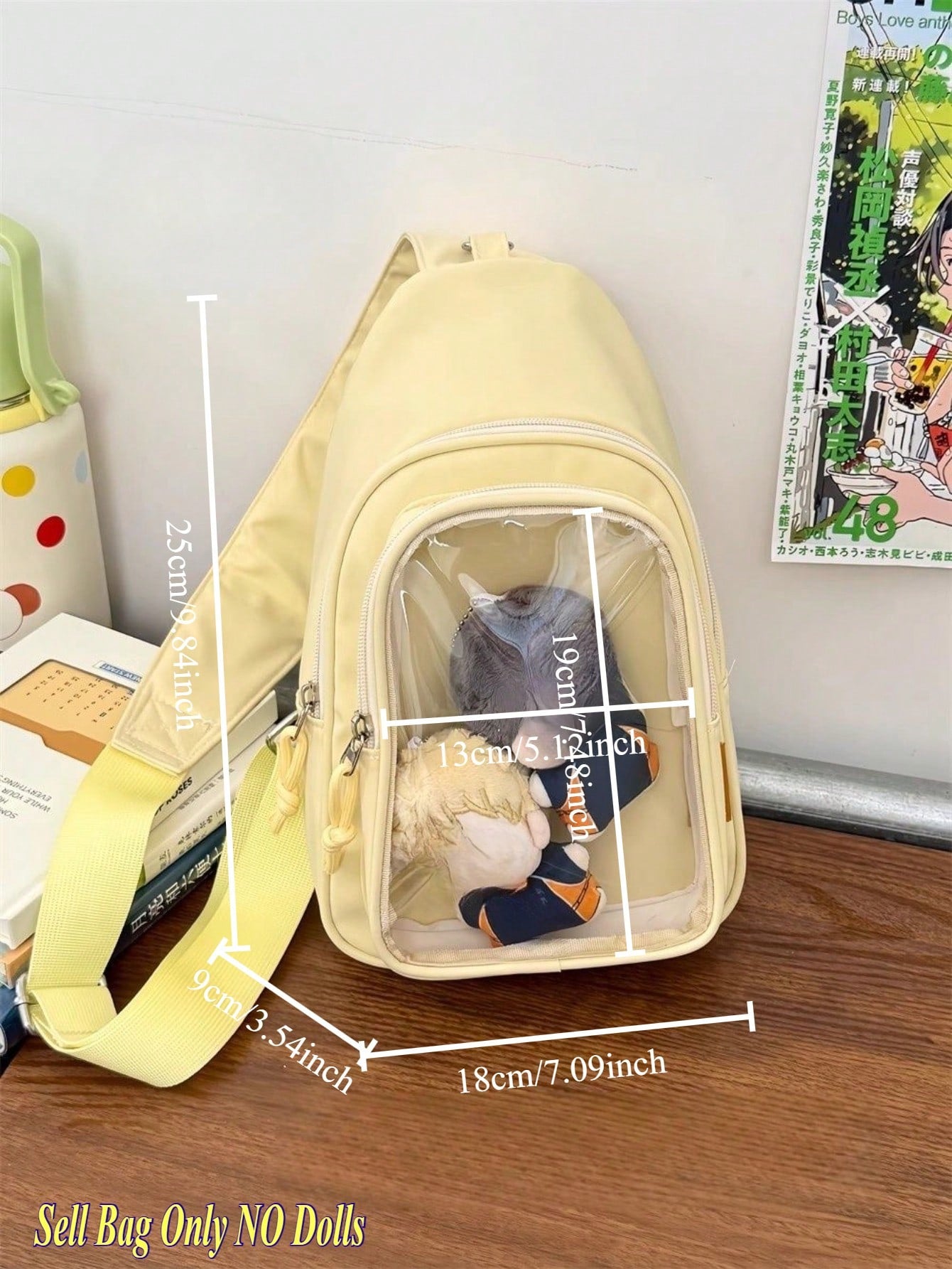 Kawaii Ita Crossbody Sling Bag for 10CM Plush – Clear Display Pocket with Insert Board | Cute Nylon Backpack for Girls, School, Anime & Comic Con Transparent Pocket, School Shoulder Bag for College Girls & Anime Fans