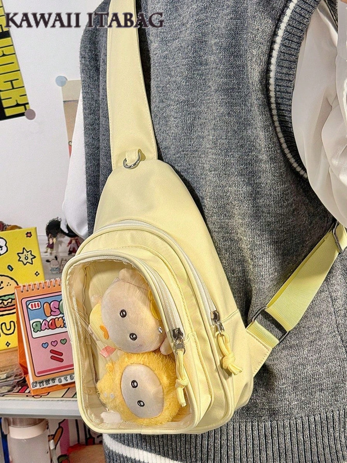 Kawaii Ita Crossbody Sling Bag for 10CM Plush – Clear Display Pocket with Insert Board | Cute Nylon Backpack for Girls, School, Anime & Comic Con Transparent Pocket, School Shoulder Bag for College Girls & Anime Fans