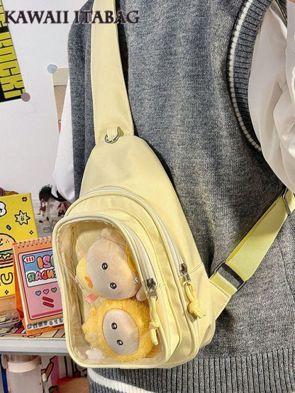 Kawaii Ita Crossbody Sling Bag for 10CM Plush – Clear Display Pocket with Insert Board | Cute Nylon Backpack for Girls, School, Anime & Comic Con Transparent Pocket, School Shoulder Bag for College Girls & Anime Fans