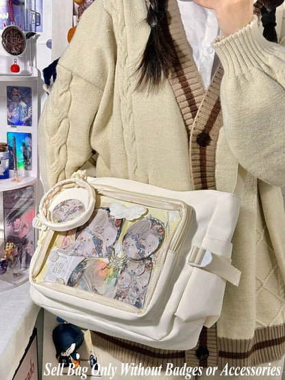 Cute-Lolita Shoulder Bag Nylon Messenger Bag Girl Y2K Japanese Ita Bag Girls Back To School Crossbody Bags Women New 2025 Ita Bag With Mini Badges Round Bag Clear Bag Transparent DIY PUT Badges Cards Bag With Badges Display Plate Fashion Japanese College
