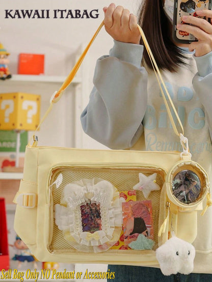 Cute-Lolita Shoulder Bag Nylon Messenger Bag Girl Y2K Japanese Ita Bag Girls Back To School Crossbody Bags Women New 2025 Ita Bag With Mini Badges Round Bag Clear Bag Transparent DIY PUT Badges Cards Bag With Badges Display Plate Fashion Japanese College