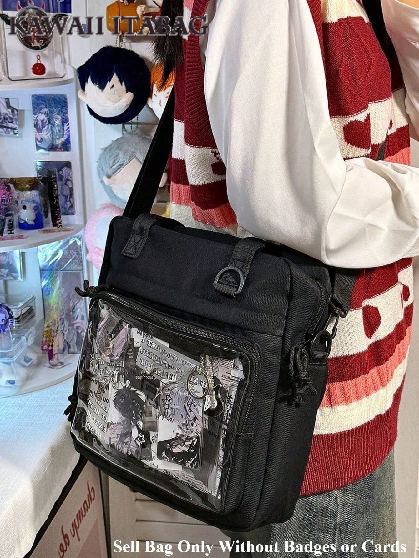 2025年新作 かわいい痛バッグ 女の子用 大容量 ナイロンショルダーバッグ 防水 斜め掛け ブックバッグ 透明ディスプレイウィンドウ付き JK 原宿系 メッセンジャーサッチェル トートバッグ 大学生向け かわいい和風 バッジ付き