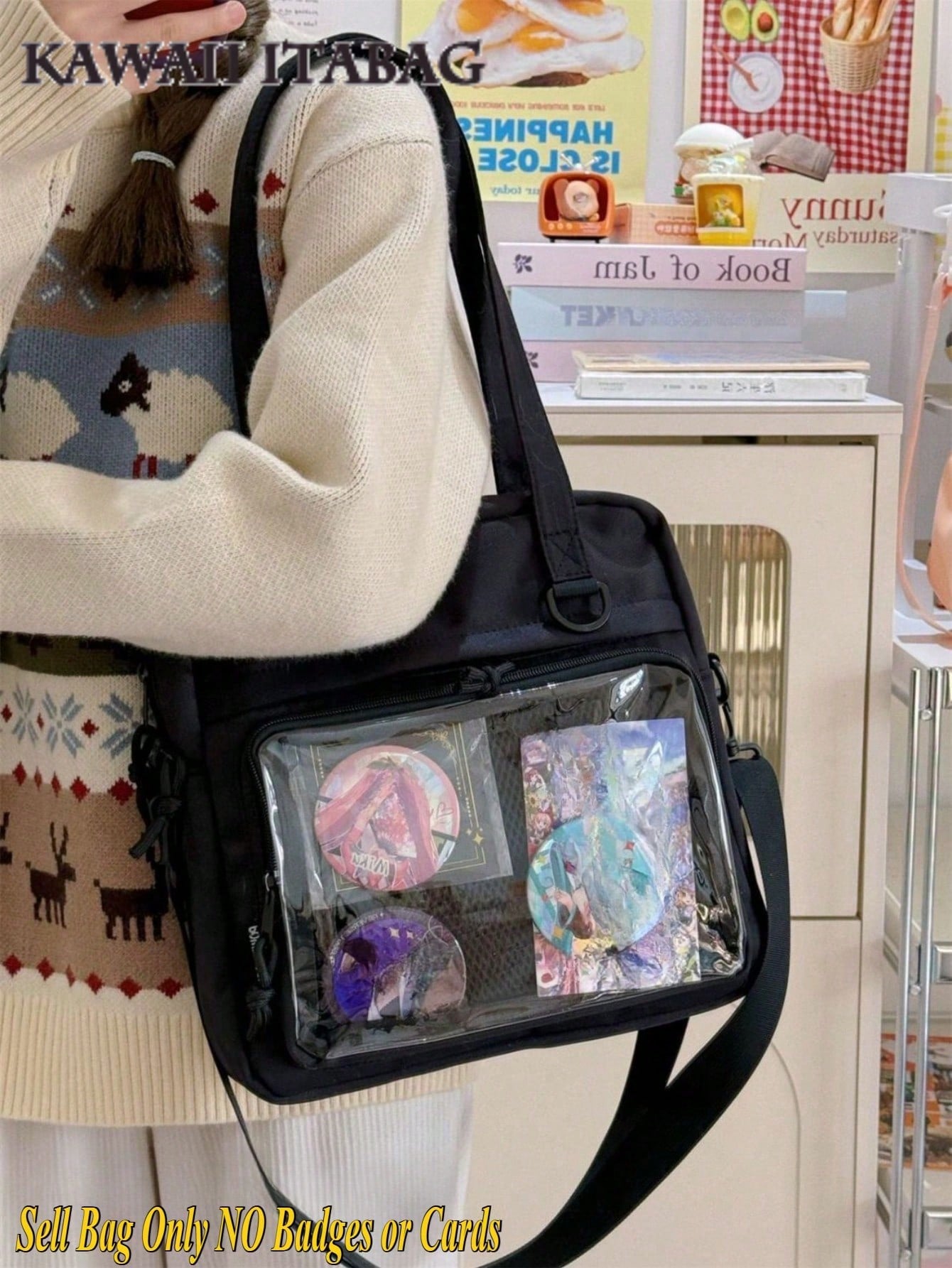 2025年新作 かわいい痛バッグ 女の子用 大容量 ナイロンショルダーバッグ 防水 斜め掛け ブックバッグ 透明ディスプレイウィンドウ付き JK 原宿系 メッセンジャーサッチェル トートバッグ 大学生向け かわいい和風 バッジ付き
