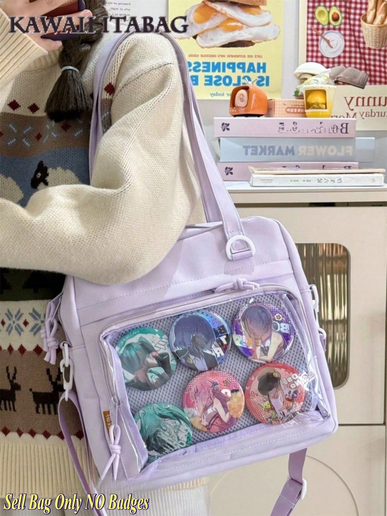 2025年新作 かわいい痛バッグ 女の子用 大容量 ナイロンショルダーバッグ 防水 斜め掛け ブックバッグ 透明ディスプレイウィンドウ付き JK 原宿系 メッセンジャーサッチェル トートバッグ 大学生向け かわいい和風 バッジ付き