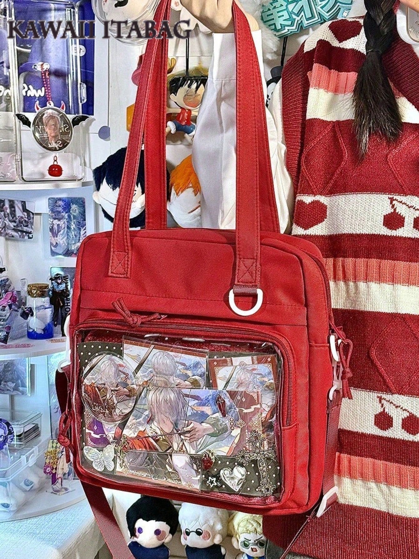 2025年新作 かわいい痛バッグ 女の子用 大容量 ナイロンショルダーバッグ 防水 斜め掛け ブックバッグ 透明ディスプレイウィンドウ付き JK 原宿系 メッセンジャーサッチェル トートバッグ 大学生向け かわいい和風 バッジ付き