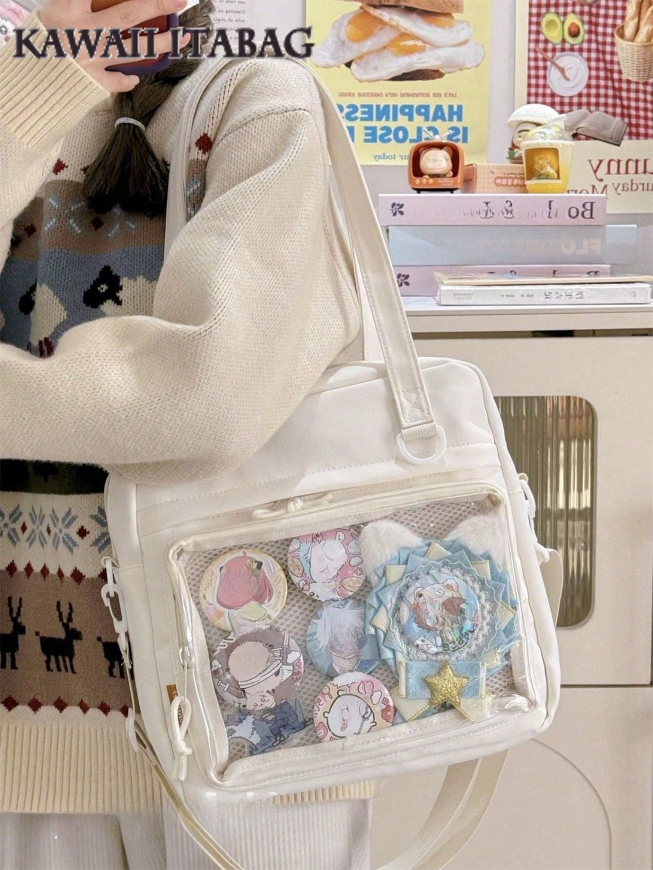 2025年新作 かわいい痛バッグ 女の子用 大容量 ナイロンショルダーバッグ 防水 斜め掛け ブックバッグ 透明ディスプレイウィンドウ付き JK 原宿系 メッセンジャーサッチェル トートバッグ 大学生向け かわいい和風 バッジ付き