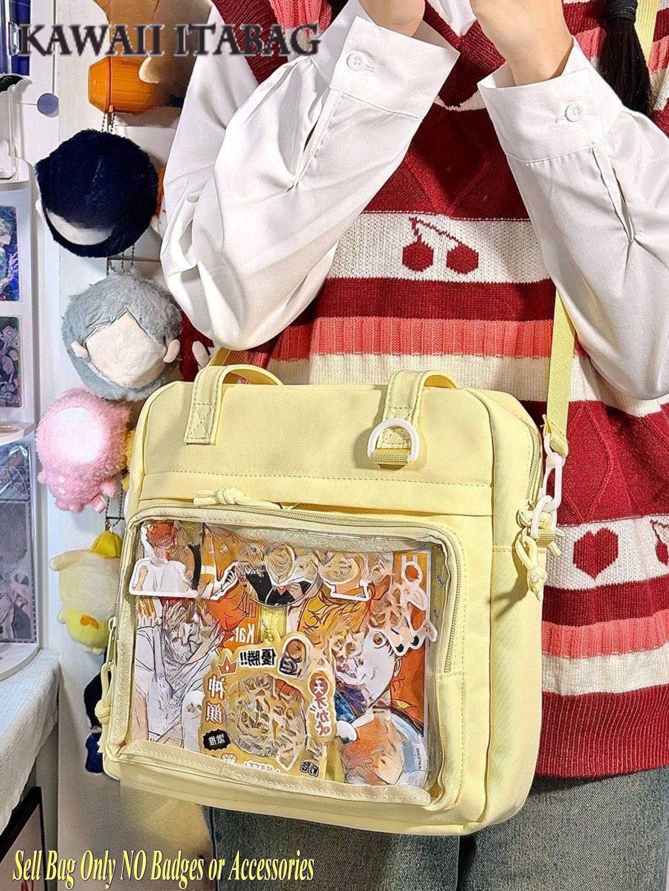 2025年新作 かわいい痛バッグ 女の子用 大容量 ナイロンショルダーバッグ 防水 斜め掛け ブックバッグ 透明ディスプレイウィンドウ付き JK 原宿系 メッセンジャーサッチェル トートバッグ 大学生向け かわいい和風 バッジ付き