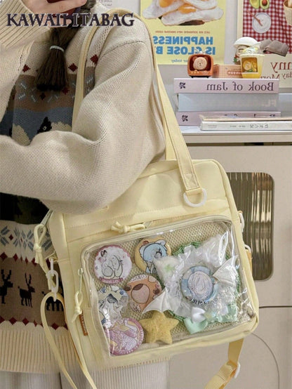 New 2025 Kawaii Ita Bag For Girls Large-Capacity Nylon Shoulder Bag Water-Resistant Crossbody Book Bag With Transparent Display Window JK Harajuku Messenger Satchel Tote Bag For College Students Cute Japanese Style With Badge