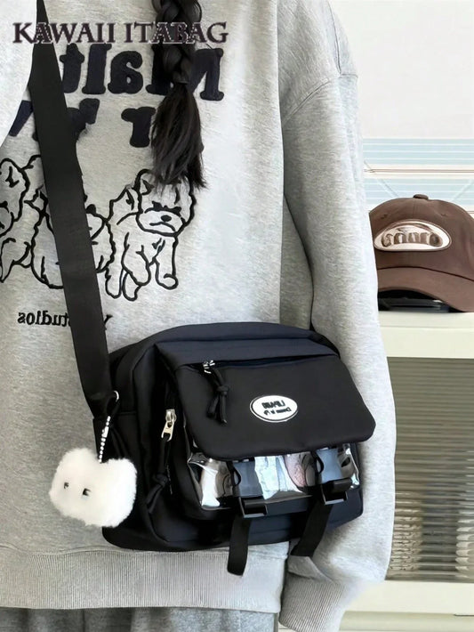 small ita crossbody bag black worn with clear display window and pins kawaii daily carry