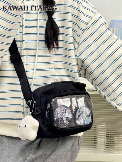 Small Crossbody Bags For Women Sling Bag Purses And Handabgs Nylon PVC Portable With Badges Display Plate Bag Good Nylon Bag Gift For Girls New Fashion 2025 Bags Kawaii Japanese Style Women Preppy Cute Lolita Clear Bag With Ears Transparent Ita Bag