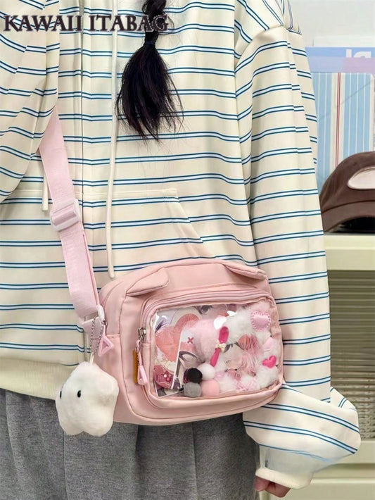 Small Crossbody Bags For Women Sling Bag Purses And Handabgs Nylon PVC Portable With Badges Display Plate Bag Good Nylon Bag Gift For Girls New Fashion 2025 Bags Kawaii Japanese Style Women Preppy Cute Lolita Clear Bag With Ears Transparent Ita Bag