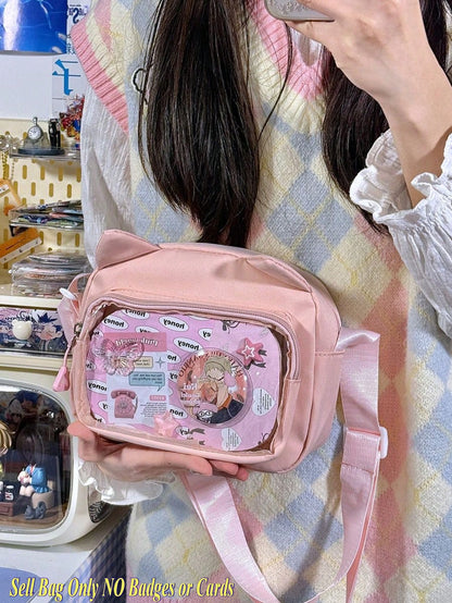 かわいい和風バッグ、女性用プレッピーキュートロリータクリアバッグ、耳付き透明イタバッグ、女性用スモールクロスボディバッグ、スリングバッグ、財布やハンドバッグ、ナイロンPVCポータブル、バッジディスプレイプレートバッグ、女の子へのギフトに最適、2025年新作ファッションバッグ