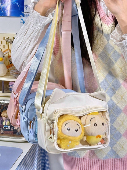 かわいい和風バッグ、女性用プレッピーキュートロリータクリアバッグ、耳付き透明イタバッグ、女性用スモールクロスボディバッグ、スリングバッグ、財布やハンドバッグ、ナイロンPVCポータブル、バッジディスプレイプレートバッグ、女の子へのギフトに最適、2025年新作ファッションバッグ