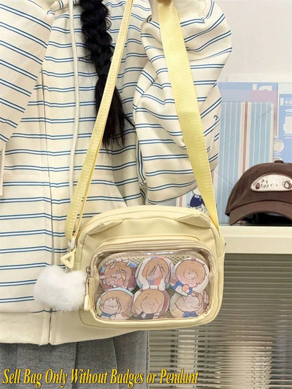 かわいい和風バッグ、女性用プレッピーキュートロリータクリアバッグ、耳付き透明イタバッグ、女性用スモールクロスボディバッグ、スリングバッグ、財布やハンドバッグ、ナイロンPVCポータブル、バッジディスプレイプレートバッグ、女の子へのギフトに最適、2025年新作ファッションバッグ