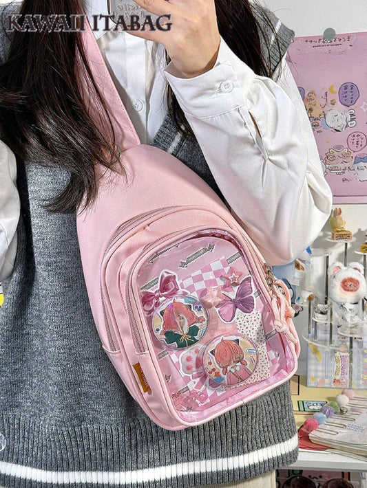 Kawaii Ita Crossbody Sling Bag for 10CM Plush – Clear Display Pocket with Insert Board | Cute Nylon Backpack for Girls, School, Anime & Comic Con Transparent Pocket, School Shoulder Bag for College Girls & Anime Fans