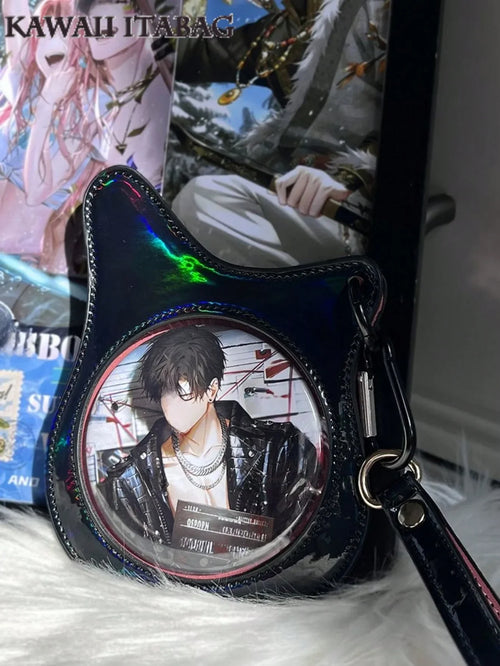 Holographic Bass Cat Ear Badge Holder Bag - 58mm/75mm Pin Display Itabag Crossbody Shoulder Purse For Anime Pins, Enamel Pins, Kawaii Accessories Bag Charm, Purse Accessory For Anime Fans, Concerts, Cosplay, Travel, Outdoor, Kawaii Style - alternate view