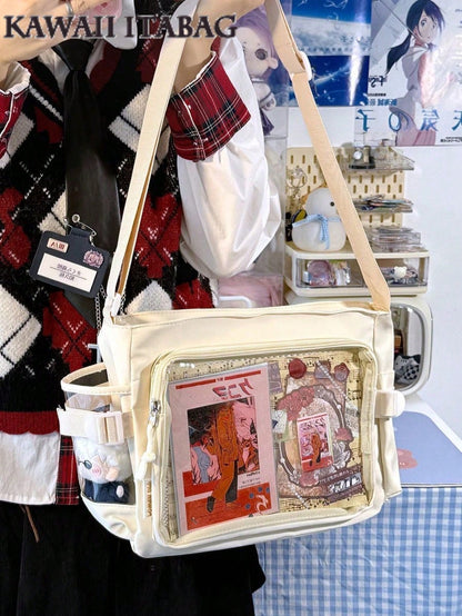New Simple Girls Shoulder Bag Preppy College Student Handbags Bag With Badges Display Plate Small Side Pocket Can Put 10cm Dolls DIY Ita Bag JK Back To School Gifts Concer Kawaii Japanese School Crossbody Bags Basic Style Solid Color Clear Transparent Bag
