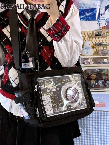 New Simple Girls Shoulder Bag Preppy College Student Handbags Bag With Badges Display Plate Small Side Pocket Can Put 10cm Dolls DIY Ita Bag JK Back To School Gifts Concer Kawaii Japanese School Crossbody Bags Basic Style Solid Color Clear Transparent Bag