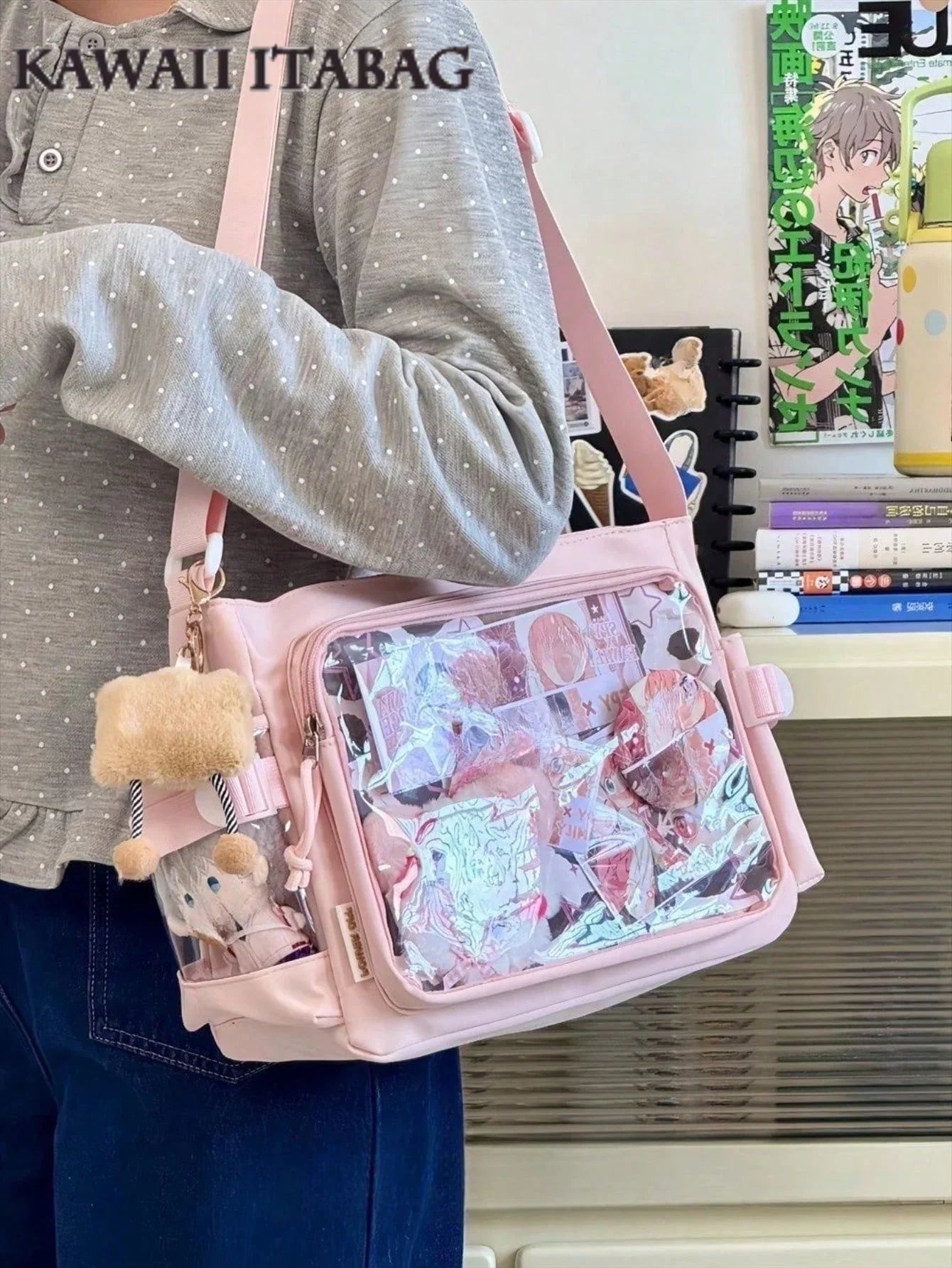 large ita messenger bag pink worn clear display window photocards pins crossbody front view