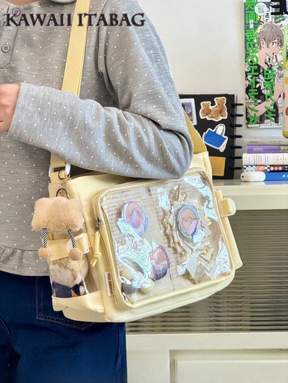 New Simple Girls Shoulder Bag Preppy College Student Handbags Bag With Badges Display Plate Small Side Pocket Can Put 10cm Dolls DIY Ita Bag JK Back To School Gifts Concer Kawaii Japanese School Crossbody Bags Basic Style Solid Color Clear Transparent Bag