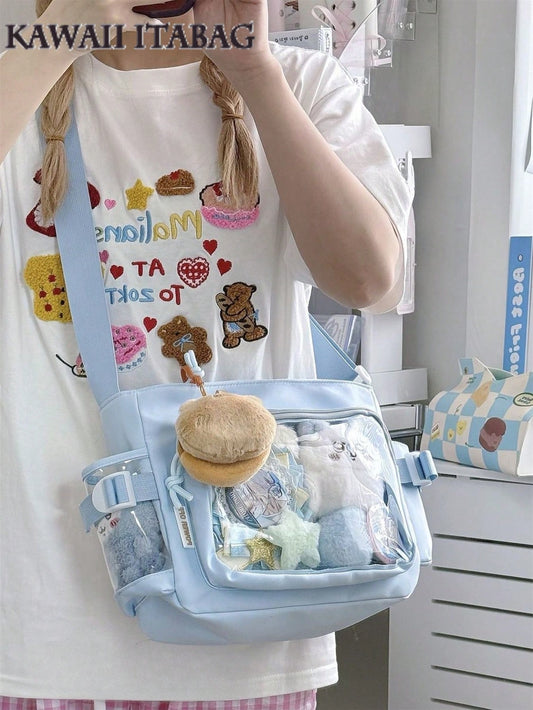 Japanese Style Preppy Crossbody Bags Women Purses And Handbags DIY Shoulder Bag With Badges Display Plate Back To School Gifts Anime Fans Concert Pins Bag Kawaii Small Ita Bag Girls Pure Color With Clear Transparent Pocket 10CM Dolls Ita Bag
