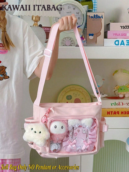 Japanese Style Preppy Crossbody Bags Women Purses And Handbags DIY Shoulder Bag With Badges Display Plate Back To School Gifts Anime Fans Concert Pins Bag Kawaii Small Ita Bag Girls Pure Color With Clear Transparent Pocket 10CM Dolls Ita Bag