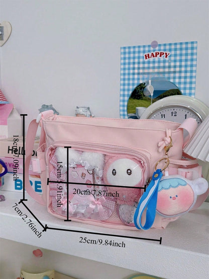 Japanese Style Preppy Crossbody Bags Women Purses And Handbags DIY Shoulder Bag With Badges Display Plate Back To School Gifts Anime Fans Concert Pins Bag Kawaii Small Ita Bag Girls Pure Color With Clear Transparent Pocket 10CM Dolls Ita Bag