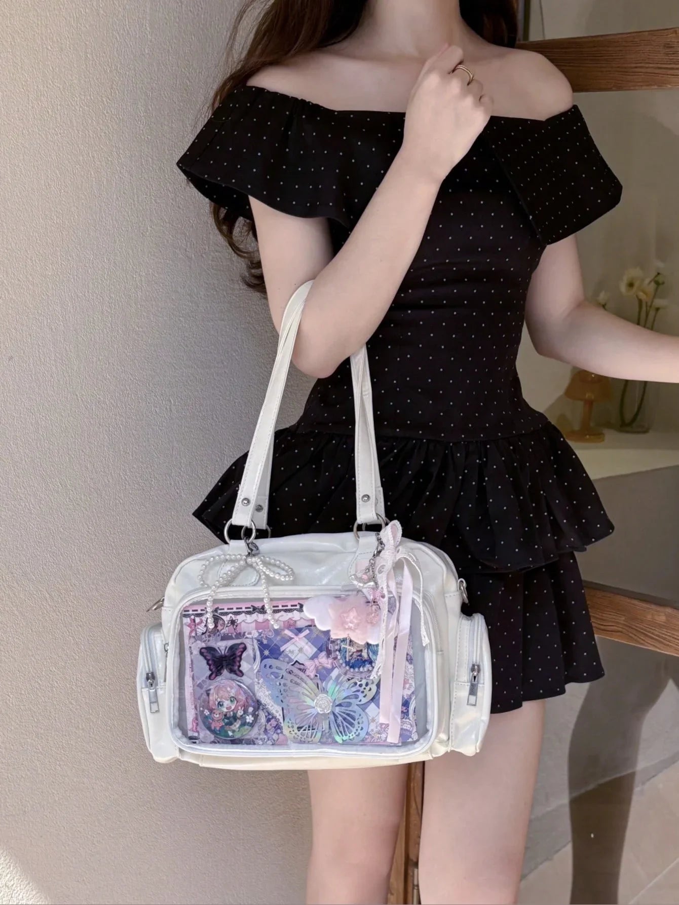 Ita Bag Shoulder Tote with Clear Display Window for Enamel Pins and Plushies - Shiny PU Leather - Ita Bag Lover