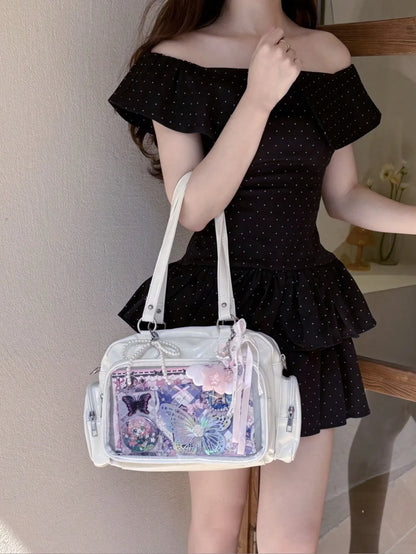 Ita Bag Shoulder Tote with Clear Display Window for Enamel Pins and Plushies - Shiny PU Leather - Ita Bag Lover