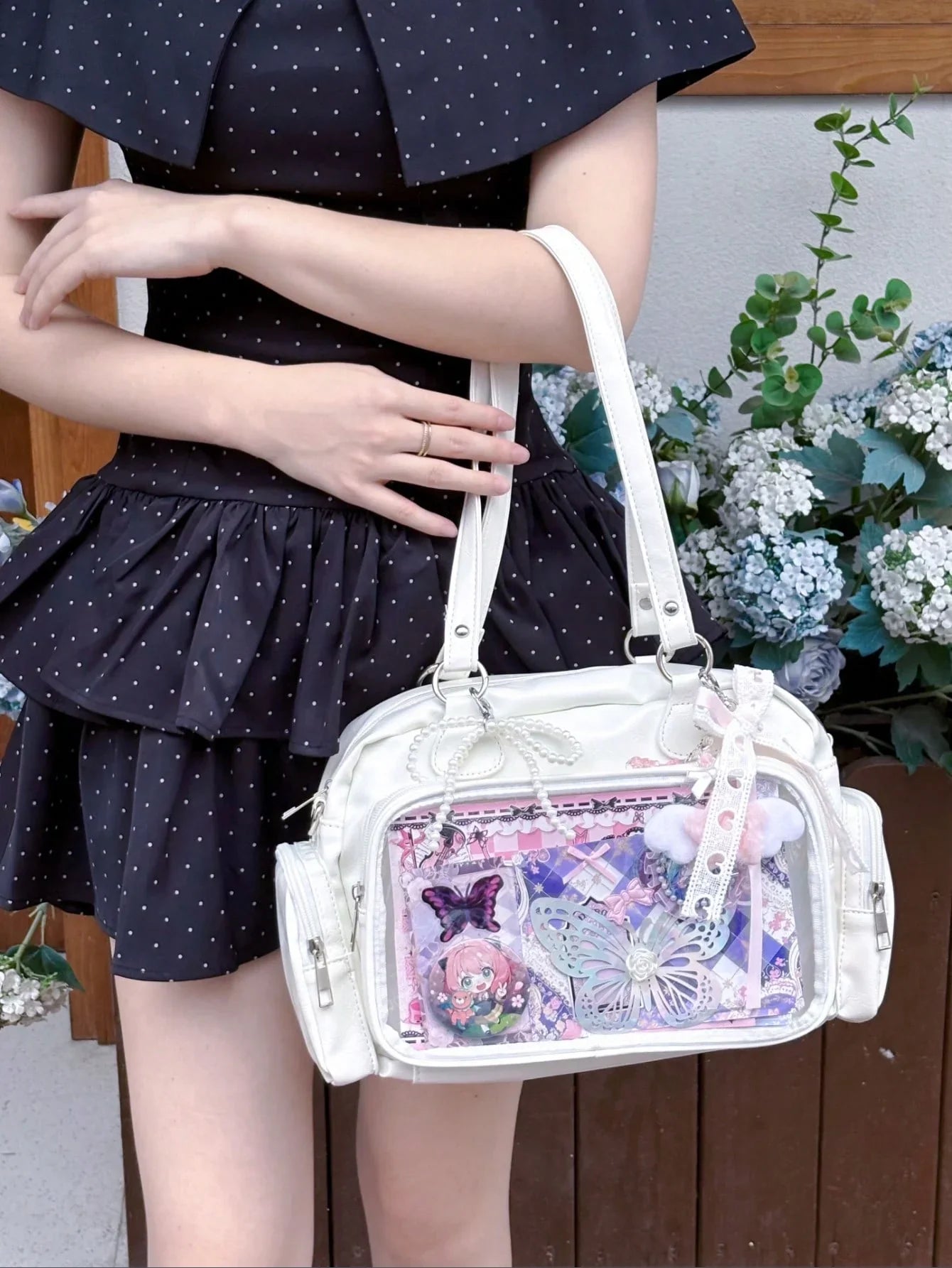 Ita Bag Shoulder Tote with Clear Display Window for Enamel Pins and Plushies - Shiny PU Leather - Ita Bag Lover