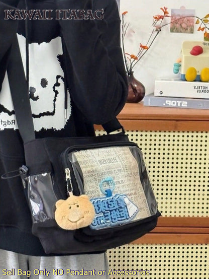 Preppy Style Crossbody Bag Women Solid Color PVC Transparent Clear Bag Japanese Kawaii College School Girls Ita Bag With 2 Transparent Side Pockets Badge Display Plate Women Shoulder Bag New School Book Bag Messenger Bag HandbagsBack To School Gift