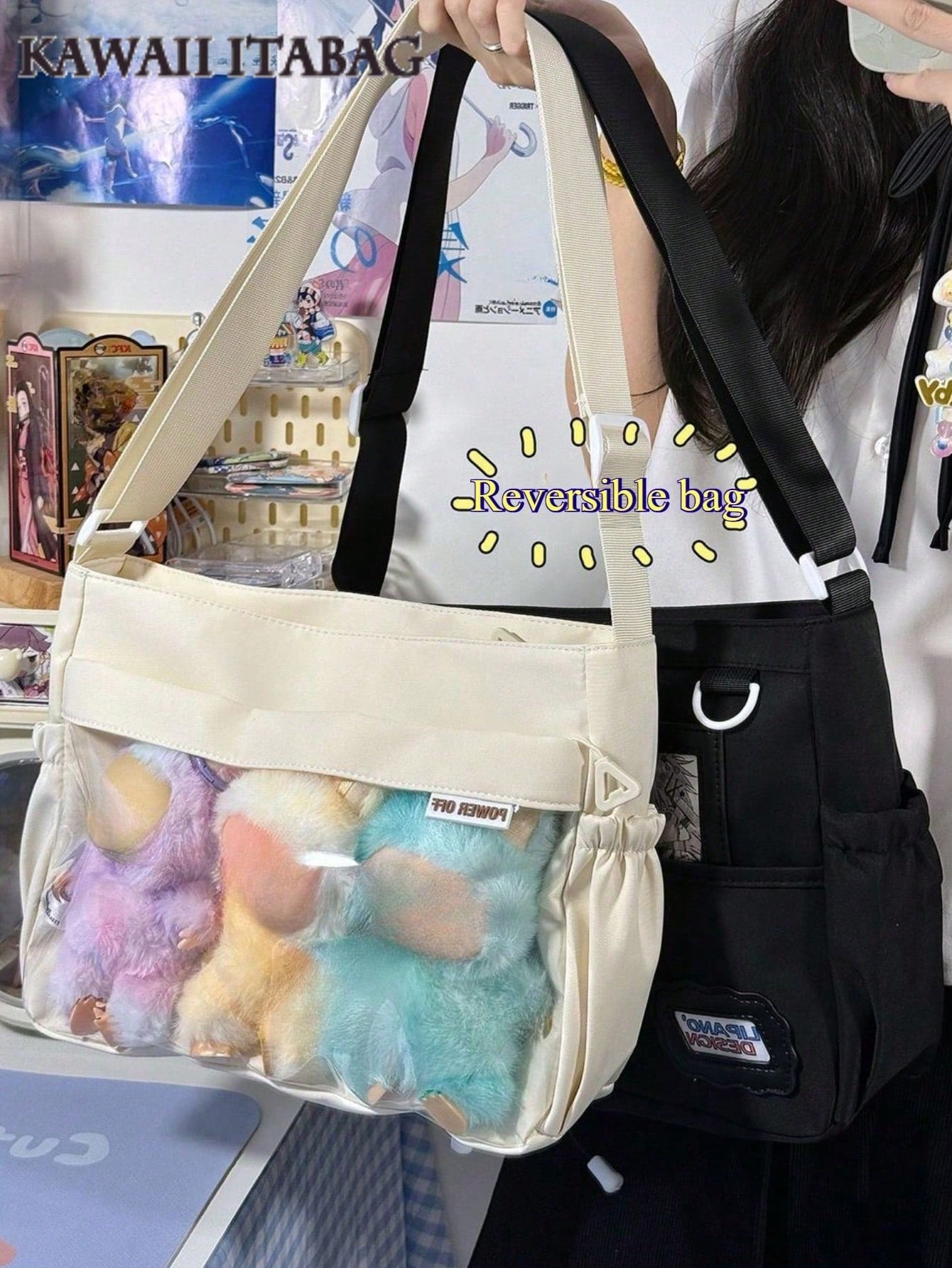 Japanese Preppy Style Crossbody Bags Girls DIY Can Put 10cm Dolls Bag Cross Strap Card Bag Ita Bag JK Double-Sided Wearable School Bags Back To School Gift Cute Lolita Shoulder Bag Messenger Bag Kawaii Design Reversible Bag Transparent Clear Women