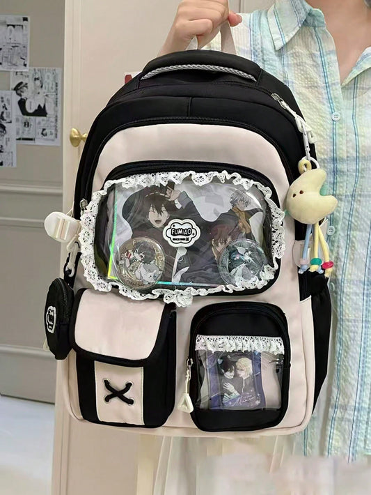Kawaii Ita Bag Backpack with Lace Display Window | Large Capacity Japanese School Bag, Colorblock Design with Accessory Pouch