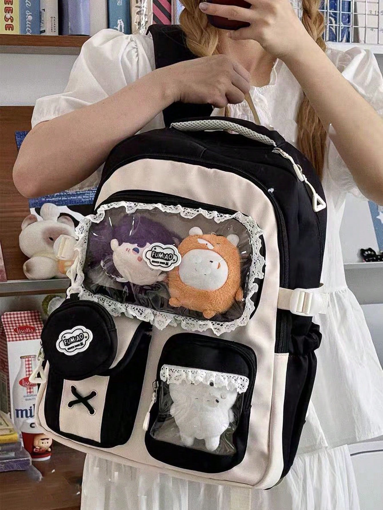 Kawaii Ita Bag Backpack with Lace Display Window | Large Capacity Japanese School Bag, Colorblock Design with Accessory Pouch
