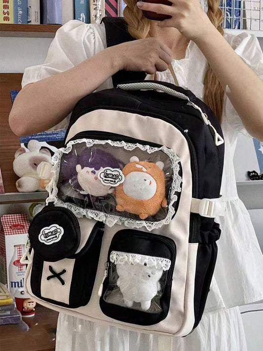 Kawaii Ita Bag Backpack with Lace Display Window | Large Capacity Japanese School Bag, Colorblock Design with Accessory Pouch