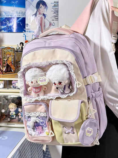 Kawaii Ita Bag Backpack with Lace Display Window | Large Capacity Japanese School Bag, Colorblock Design with Accessory Pouch