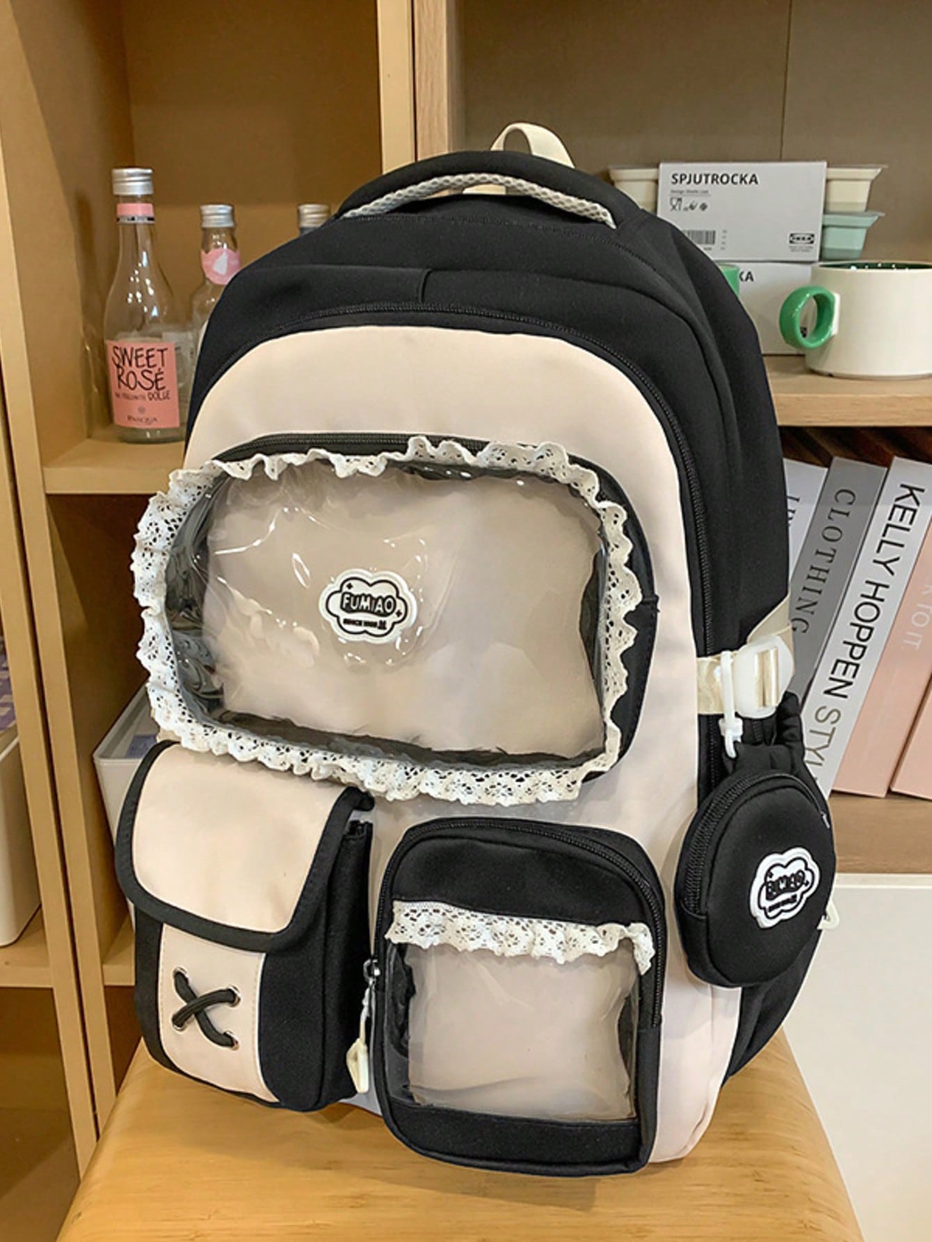 Kawaii Ita Bag Backpack with Lace Display Window | Large Capacity Japanese School Bag, Colorblock Design with Accessory Pouch