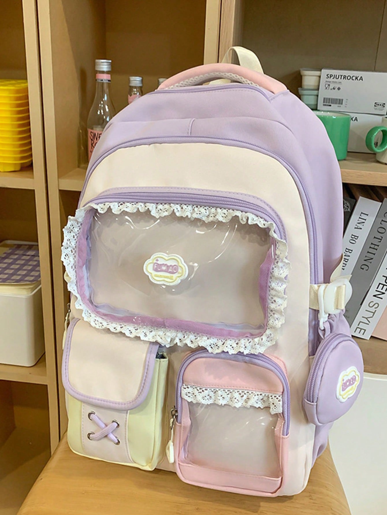 Kawaii Ita Bag Backpack with Lace Display Window | Large Capacity Japanese School Bag, Colorblock Design with Accessory Pouch