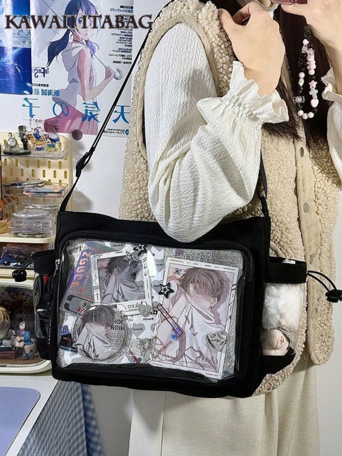 Functional Ita Bag Crossbody — Large Clear Display Window Messenger Bag with Side Pockets for Anime Pins & Plushies