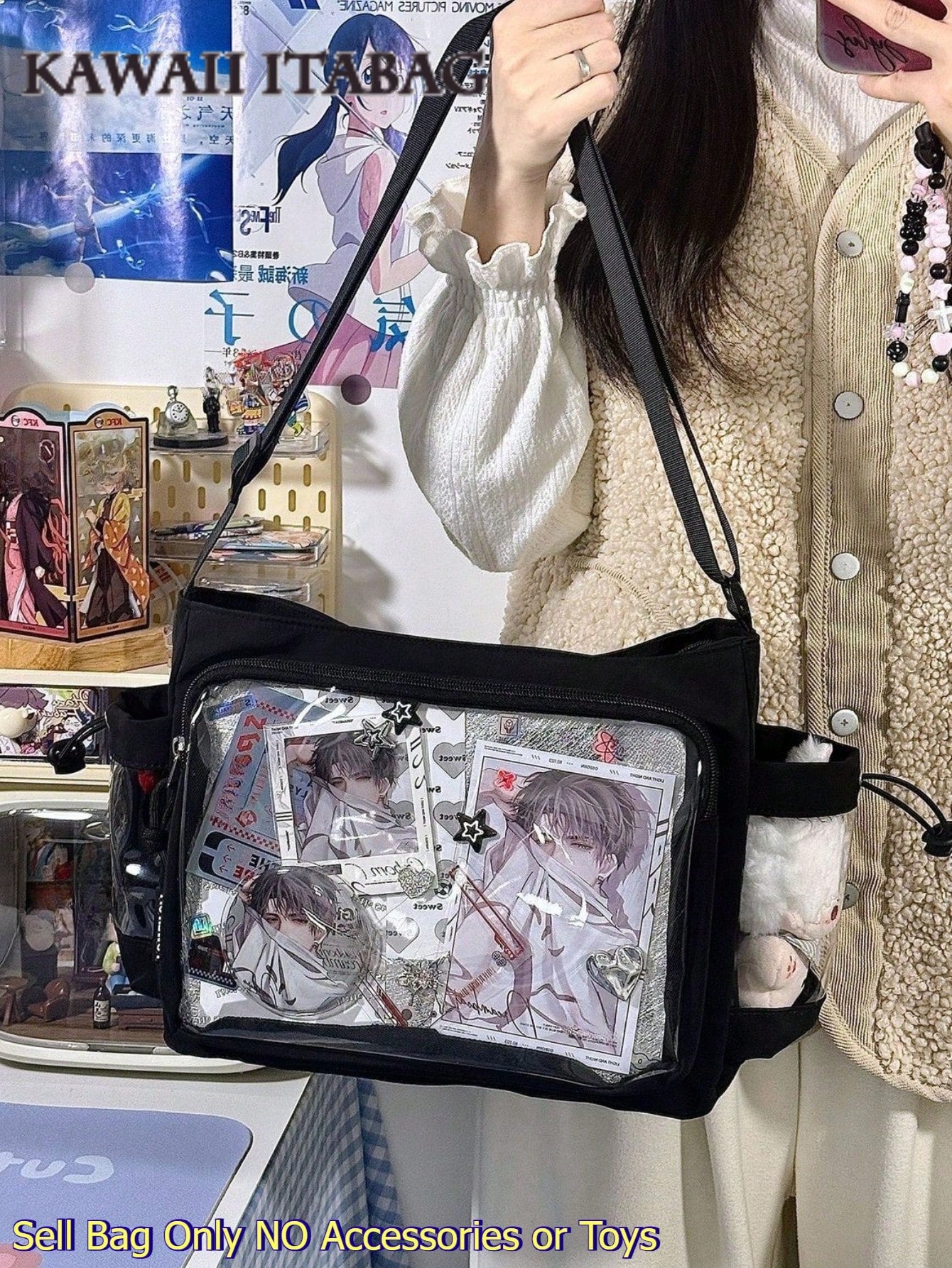 Basic Black Itabag Two-side Transparent Pockets Crossbody Bag Woman