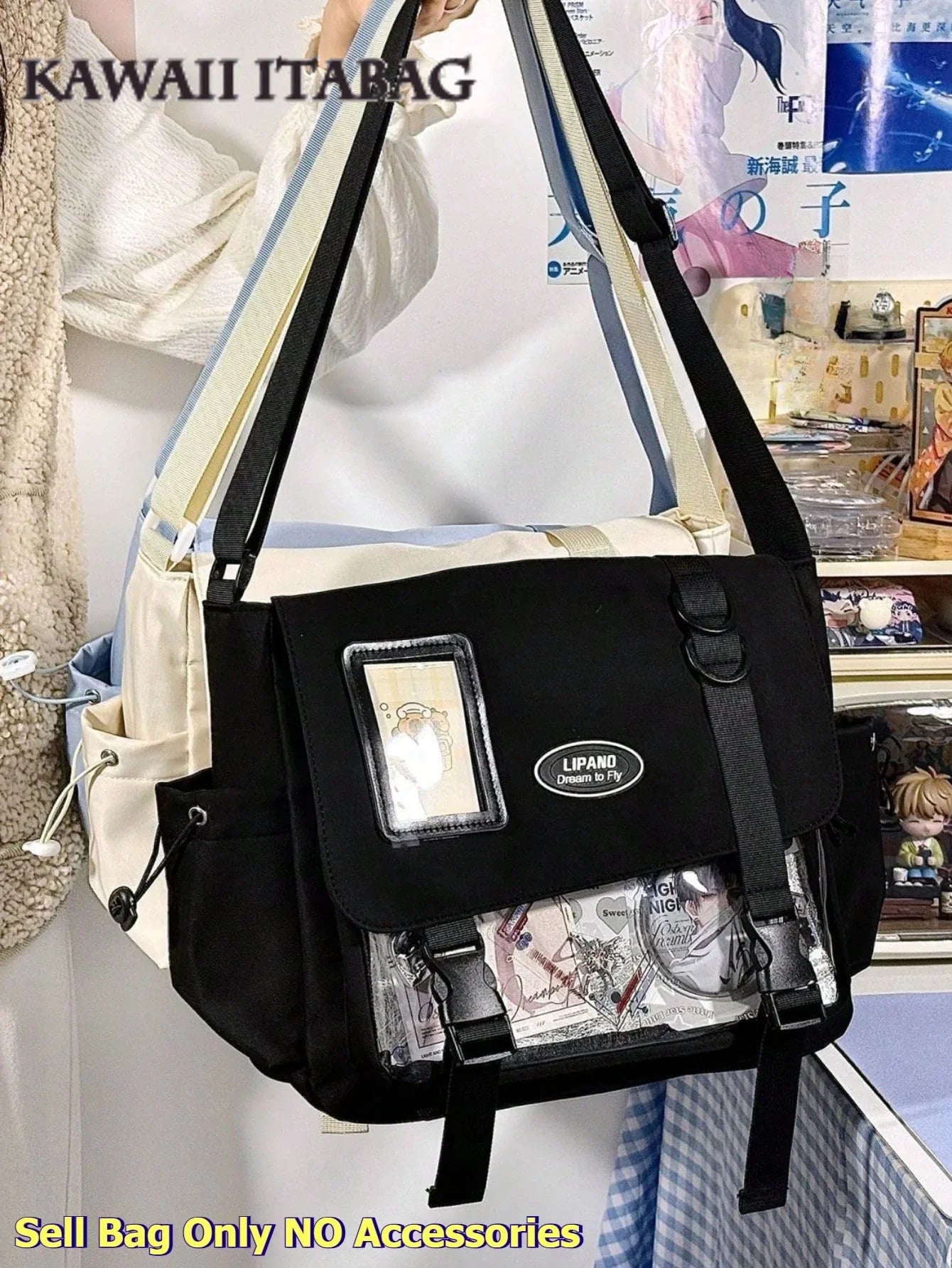 flip flap ita messenger bag black flap closed small photocard window front view crossbody