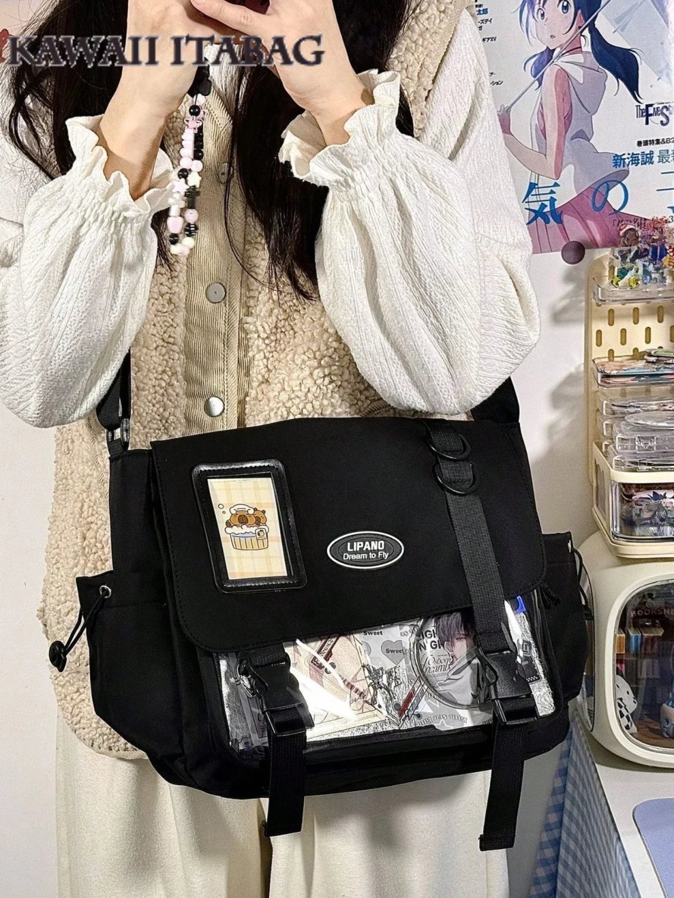 kawaii ita messenger bag black worn crossbody flap closed everyday mode with photocard window