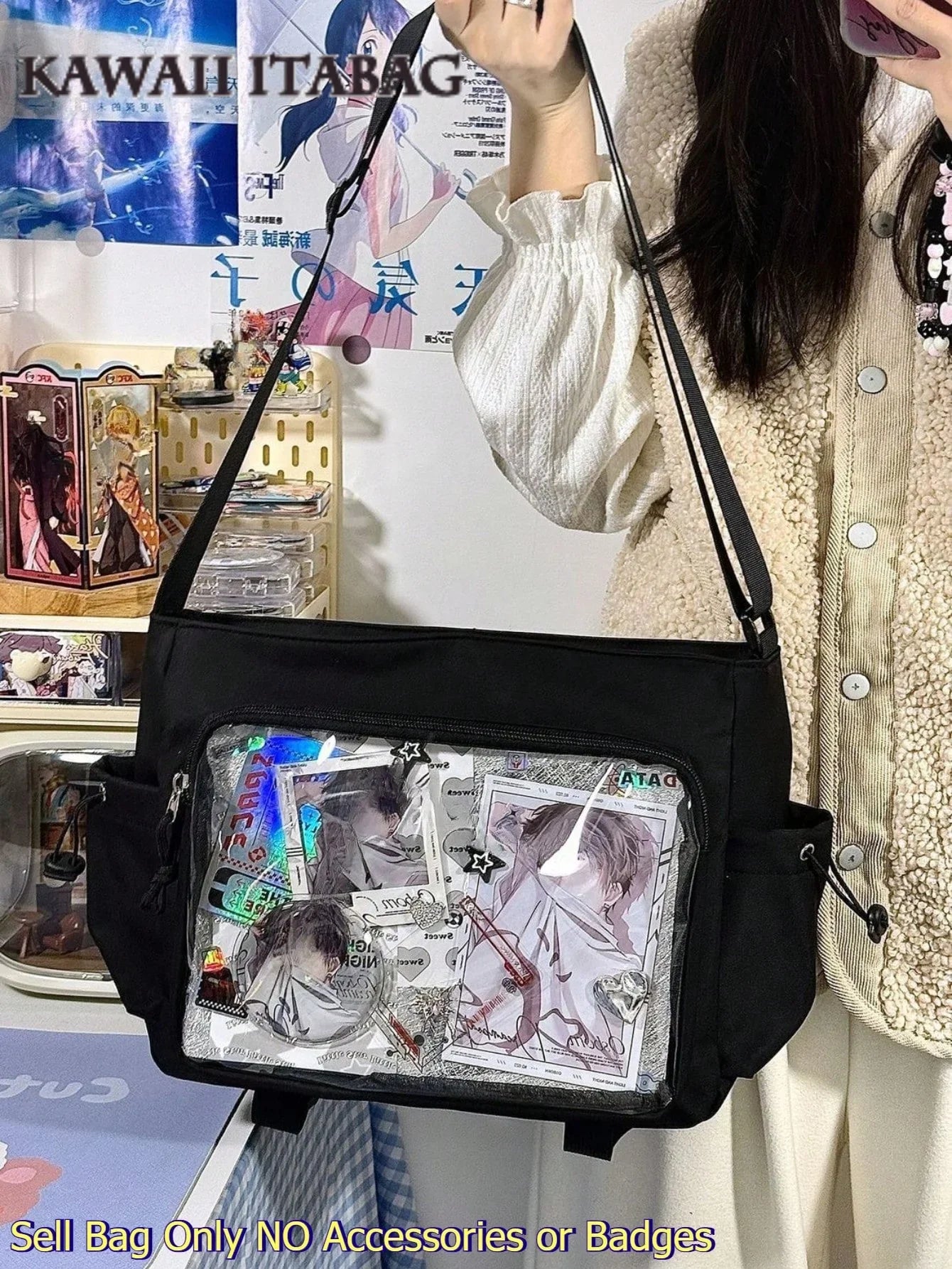 flip flap ita bag black flap open revealing full width clear PVC display window with anime photocards