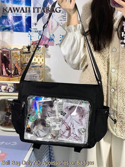 flip flap ita bag black flap open revealing full width clear PVC display window with anime photocards