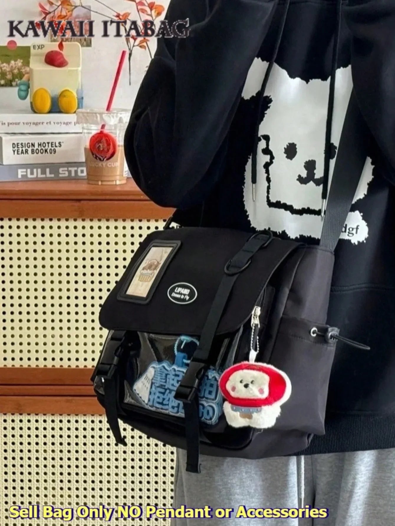 ita messenger bag black side view drawstring side pocket crossbody wear everyday mode