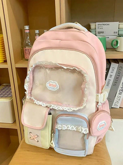 Kawaii Ita Bag Backpack with Lace Display Window | Large Capacity Japanese School Bag, Colorblock Design with Accessory Pouch