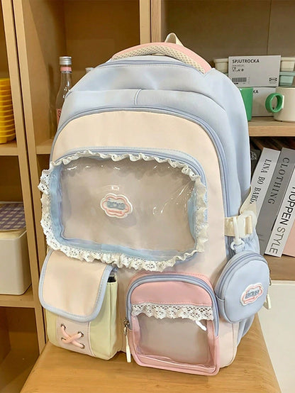 Kawaii Ita Bag Backpack with Lace Display Window | Large Capacity Japanese School Bag, Colorblock Design with Accessory Pouch