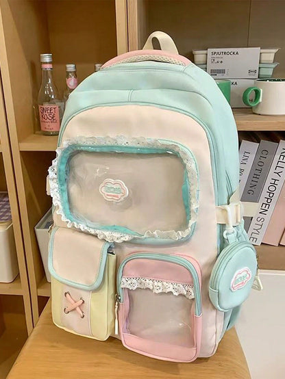 Kawaii Ita Bag Backpack with Lace Display Window | Large Capacity Japanese School Bag, Colorblock Design with Accessory Pouch