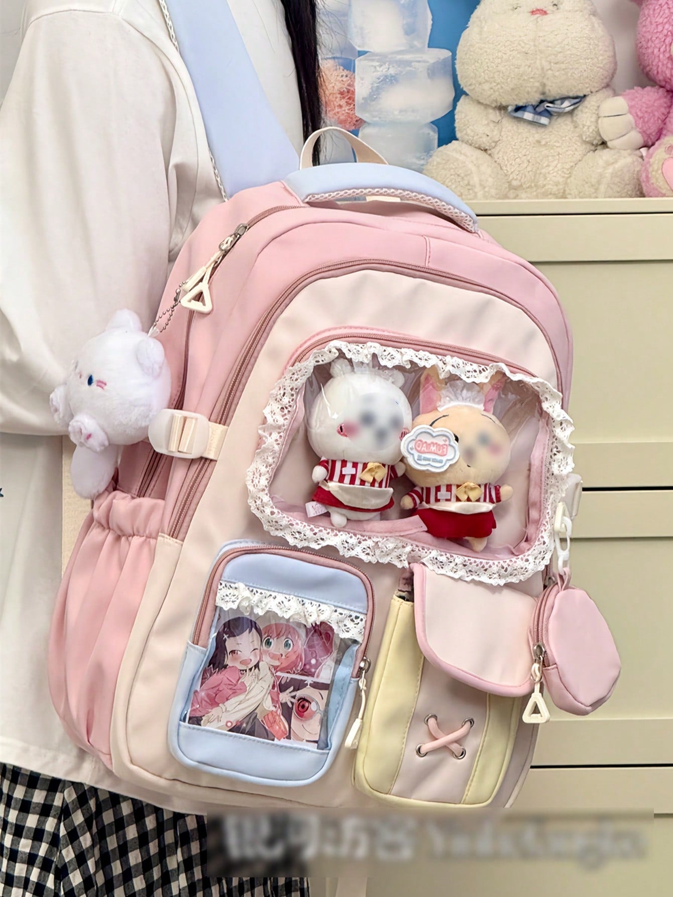 Kawaii Ita Bag Backpack with Lace Display Window | Large Capacity Japanese School Bag, Colorblock Design with Accessory Pouch