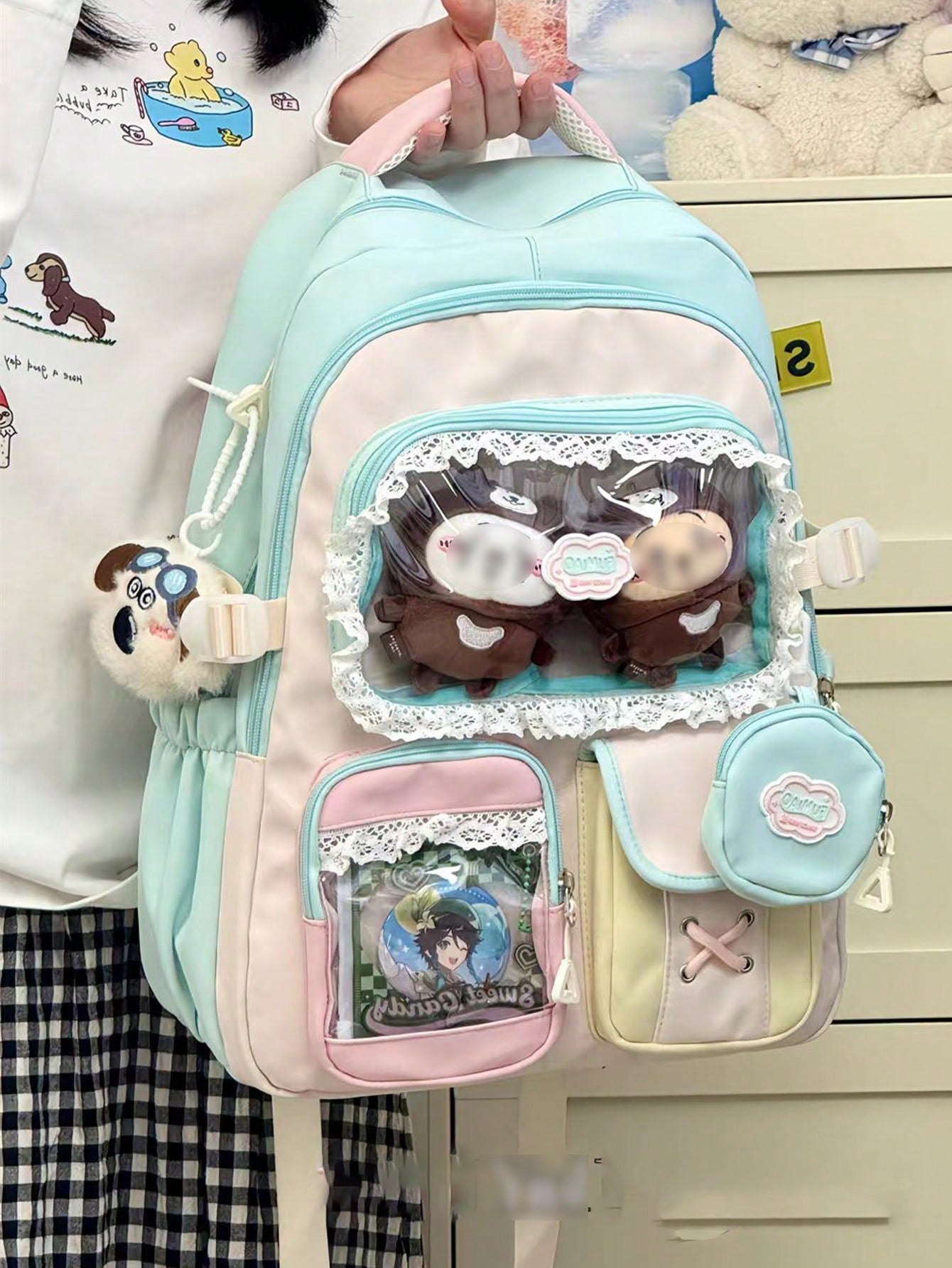 Kawaii Ita Bag Backpack with Lace Display Window | Large Capacity Japanese School Bag, Colorblock Design with Accessory Pouch